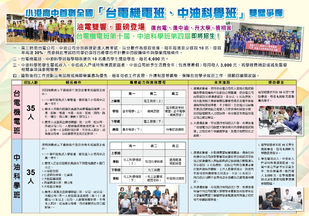 轉知小港高中113學年高一台電機電班、中油科學班及特色班報名訊息